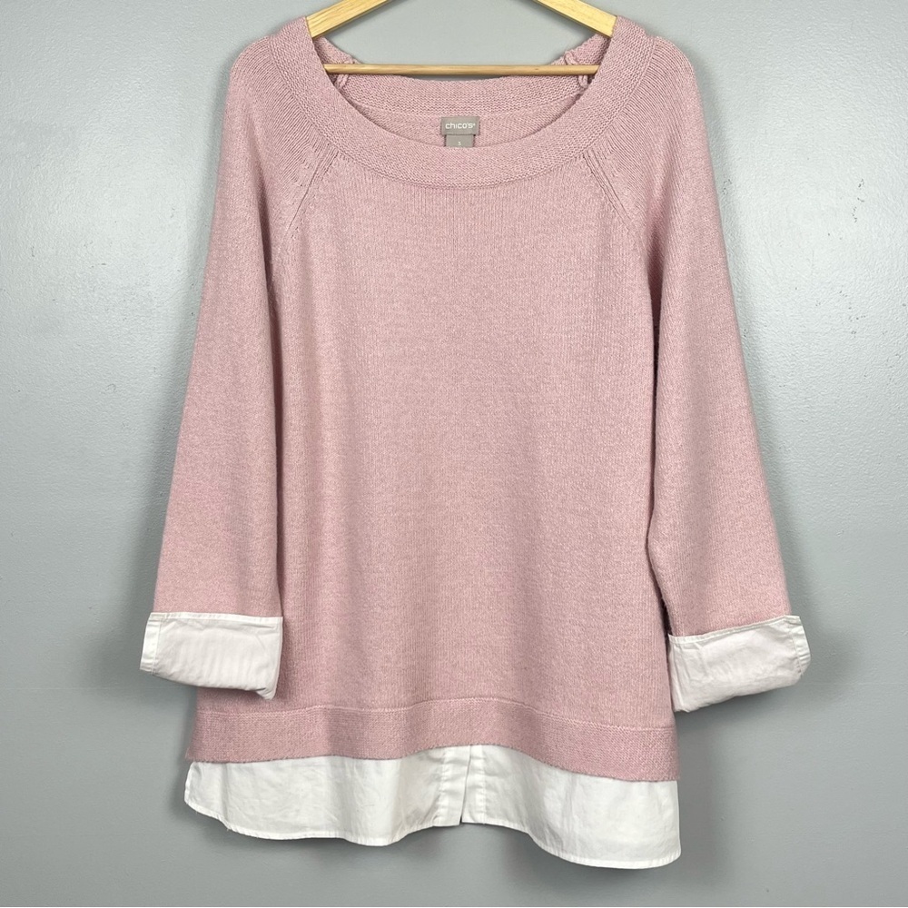 Chico’s pink cotton poly blend faux cuff & hem knit sweater, XL.